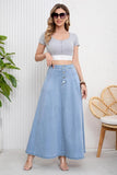 Chouyatou Women's Retro High Waisted Button Fly Flared Long Jean Skirts Pleated Flowy Swing A-line Denim Maxi Skirts