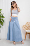 Chouyatou Women's Retro High Waisted Button Fly Flared Long Jean Skirts Pleated Flowy Swing A-line Denim Maxi Skirts