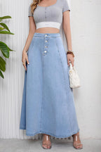 Chouyatou Women's Retro High Waisted Button Fly Flared Long Jean Skirts Pleated Flowy Swing A-line Denim Maxi Skirts
