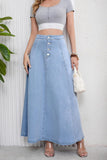 Chouyatou Women's Retro High Waisted Button Fly Flared Long Jean Skirts Pleated Flowy Swing A-line Denim Maxi Skirts