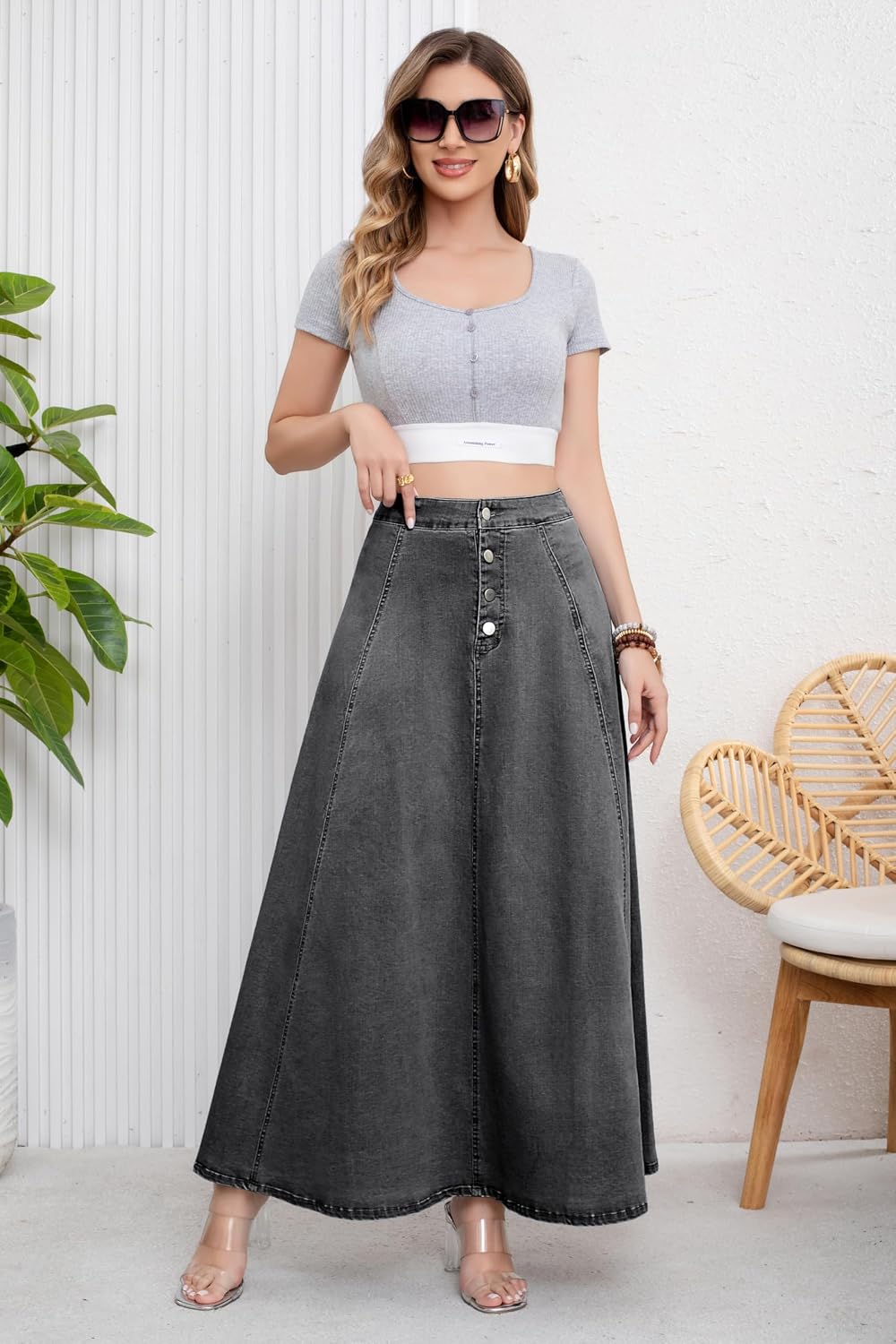 Chouyatou Women's Retro High Waisted Button Fly Flared Long Jean Skirts Pleated Flowy Swing A-line Denim Maxi Skirts