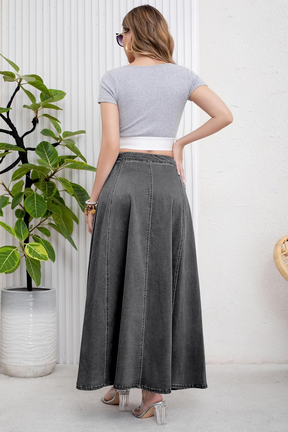 Chouyatou Women's Retro High Waisted Button Fly Flared Long Jean Skirts Pleated Flowy Swing A-line Denim Maxi Skirts