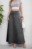 Chouyatou Women's Retro High Waisted Button Fly Flared Long Jean Skirts Pleated Flowy Swing A-line Denim Maxi Skirts