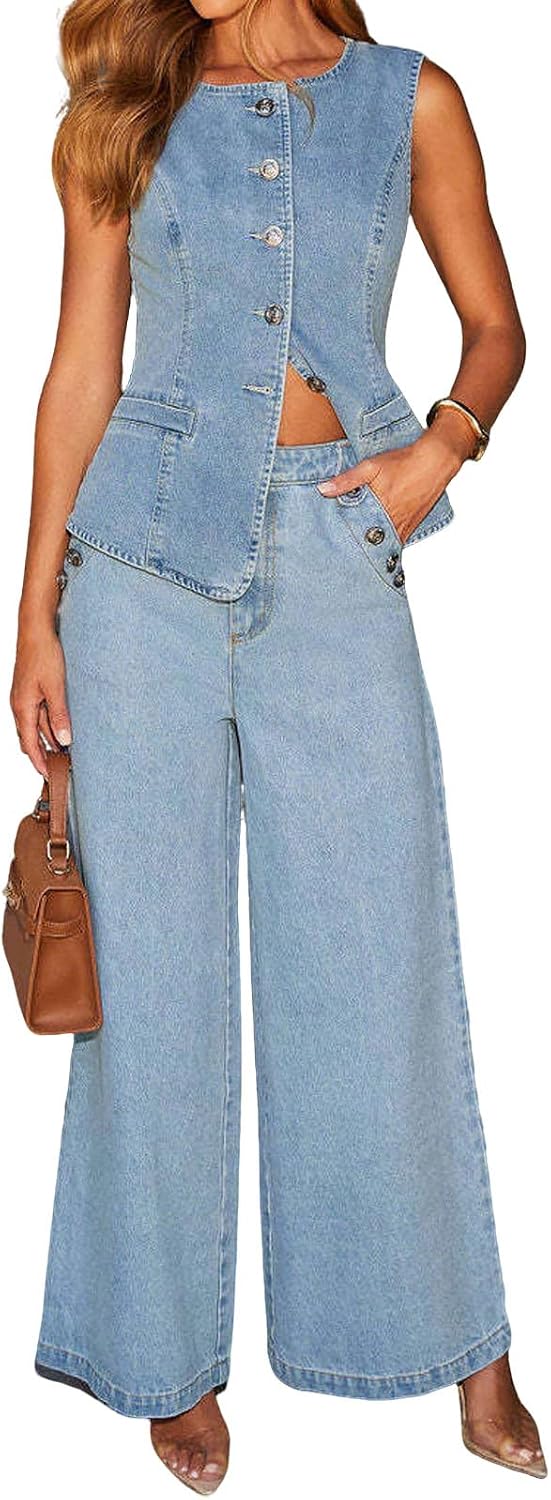Chouyatou Women 2 Piece Denim Set Button Sleeveless Jean Vest Denim Top Y2k Shirt Wide Leg Jeans Palazzo Pants Outfits