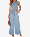 Chouyatou Women 2 Piece Denim Set Button Sleeveless Jean Vest Denim Top Y2k Shirt Wide Leg Jeans Palazzo Pants Outfits