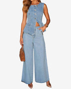 Chouyatou Women 2 Piece Denim Set Button Sleeveless Jean Vest Denim Top Y2k Shirt Wide Leg Jeans Palazzo Pants Outfits
