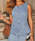 Chouyatou Women 2 Piece Denim Set Button Sleeveless Jean Vest Denim Top Y2k Shirt Wide Leg Jeans Palazzo Pants Outfits