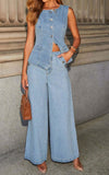Chouyatou Women 2 Piece Denim Set Button Sleeveless Jean Vest Denim Top Y2k Shirt Wide Leg Jeans Palazzo Pants Outfits