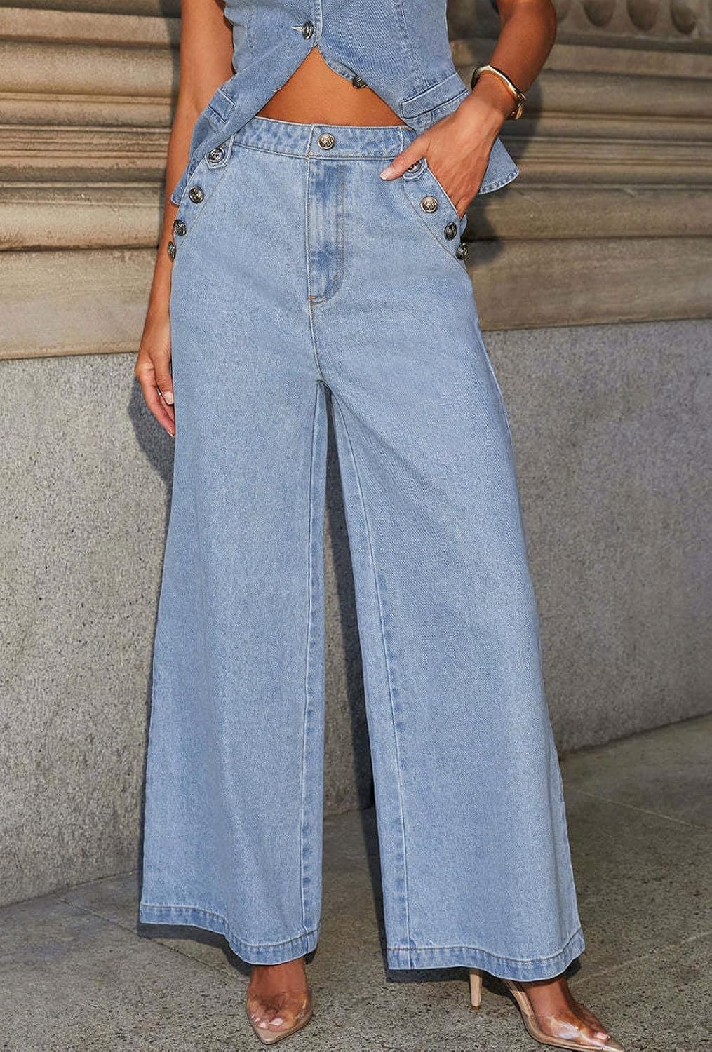 Chouyatou Women 2 Piece Denim Set Button Sleeveless Jean Vest Denim Top Y2k Shirt Wide Leg Jeans Palazzo Pants Outfits