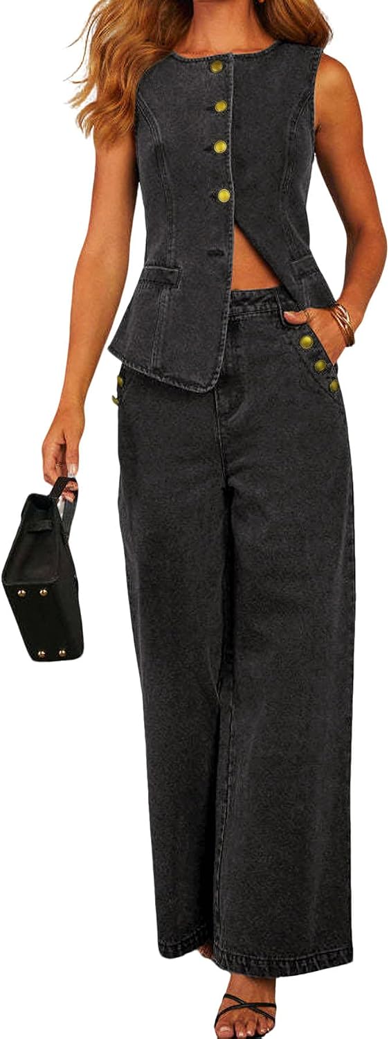 Chouyatou Women 2 Piece Denim Set Button Sleeveless Jean Vest Denim Top Y2k Shirt Wide Leg Jeans Palazzo Pants Outfits
