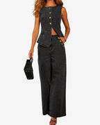 Chouyatou Women 2 Piece Denim Set Button Sleeveless Jean Vest Denim Top Y2k Shirt Wide Leg Jeans Palazzo Pants Outfits