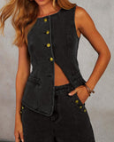 Chouyatou Women 2 Piece Denim Set Button Sleeveless Jean Vest Denim Top Y2k Shirt Wide Leg Jeans Palazzo Pants Outfits