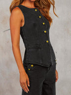 Chouyatou Women 2 Piece Denim Set Button Sleeveless Jean Vest Denim Top Y2k Shirt Wide Leg Jeans Palazzo Pants Outfits