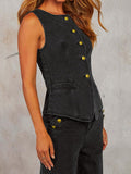 Chouyatou Women 2 Piece Denim Set Button Sleeveless Jean Vest Denim Top Y2k Shirt Wide Leg Jeans Palazzo Pants Outfits