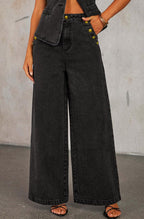 Chouyatou Women 2 Piece Denim Set Button Sleeveless Jean Vest Denim Top Y2k Shirt Wide Leg Jeans Palazzo Pants Outfits