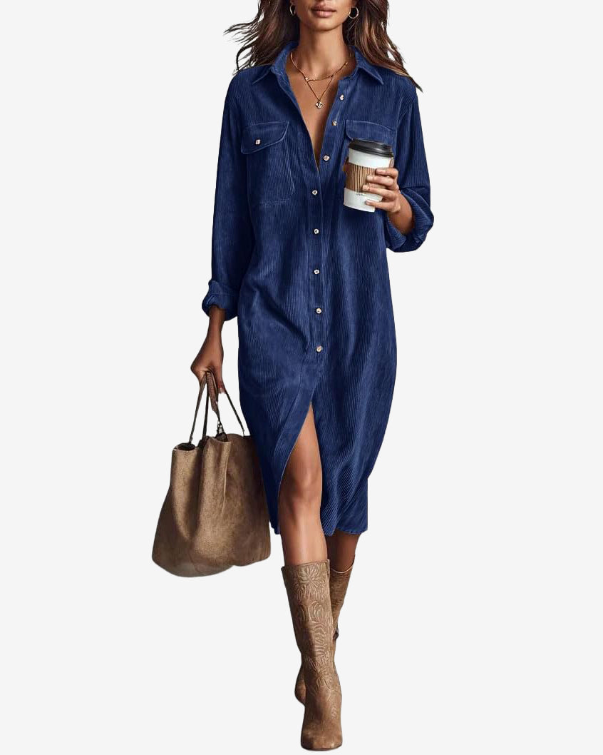 Chouyatou Women's Fall Corduroy Button Down Shirt Dress Casual Lapel a Line Pleated Tunic Shift Midi Long Dress