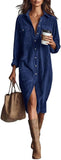 Chouyatou Women's Fall Corduroy Button Down Shirt Dress Casual Lapel a Line Pleated Tunic Shift Midi Long Dress
