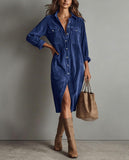 Chouyatou Women's Fall Corduroy Button Down Shirt Dress Casual Lapel a Line Pleated Tunic Shift Midi Long Dress