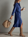 Chouyatou Women's Fall Corduroy Button Down Shirt Dress Casual Lapel a Line Pleated Tunic Shift Midi Long Dress