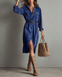 Chouyatou Women's Fall Corduroy Button Down Shirt Dress Casual Lapel a Line Pleated Tunic Shift Midi Long Dress
