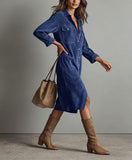 Chouyatou Women's Fall Corduroy Button Down Shirt Dress Casual Lapel a Line Pleated Tunic Shift Midi Long Dress