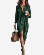 Chouyatou Women's Fall Corduroy Button Down Shirt Dress Casual Lapel a Line Pleated Tunic Shift Midi Long Dress