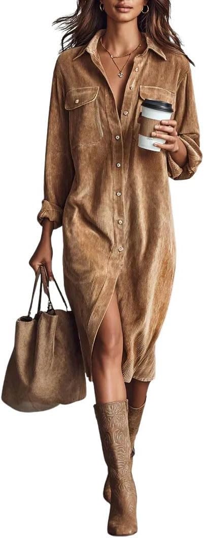 Chouyatou Women's Fall Corduroy Button Down Shirt Dress Casual Lapel a Line Pleated Tunic Shift Midi Long Dress