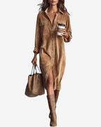Chouyatou Women's Fall Corduroy Button Down Shirt Dress Casual Lapel a Line Pleated Tunic Shift Midi Long Dress