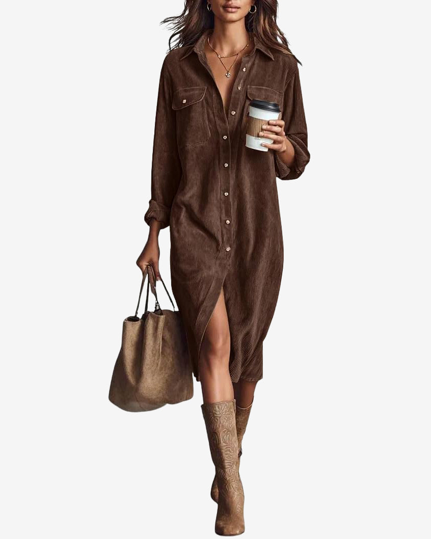 Chouyatou Women's Fall Corduroy Button Down Shirt Dress Casual Lapel a Line Pleated Tunic Shift Midi Long Dress