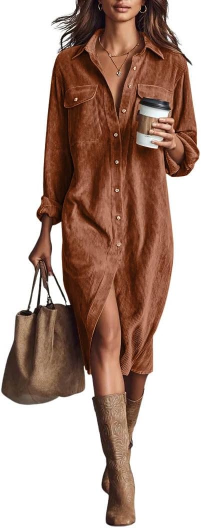 Chouyatou Women's Fall Corduroy Button Down Shirt Dress Casual Lapel a Line Pleated Tunic Shift Midi Long Dress