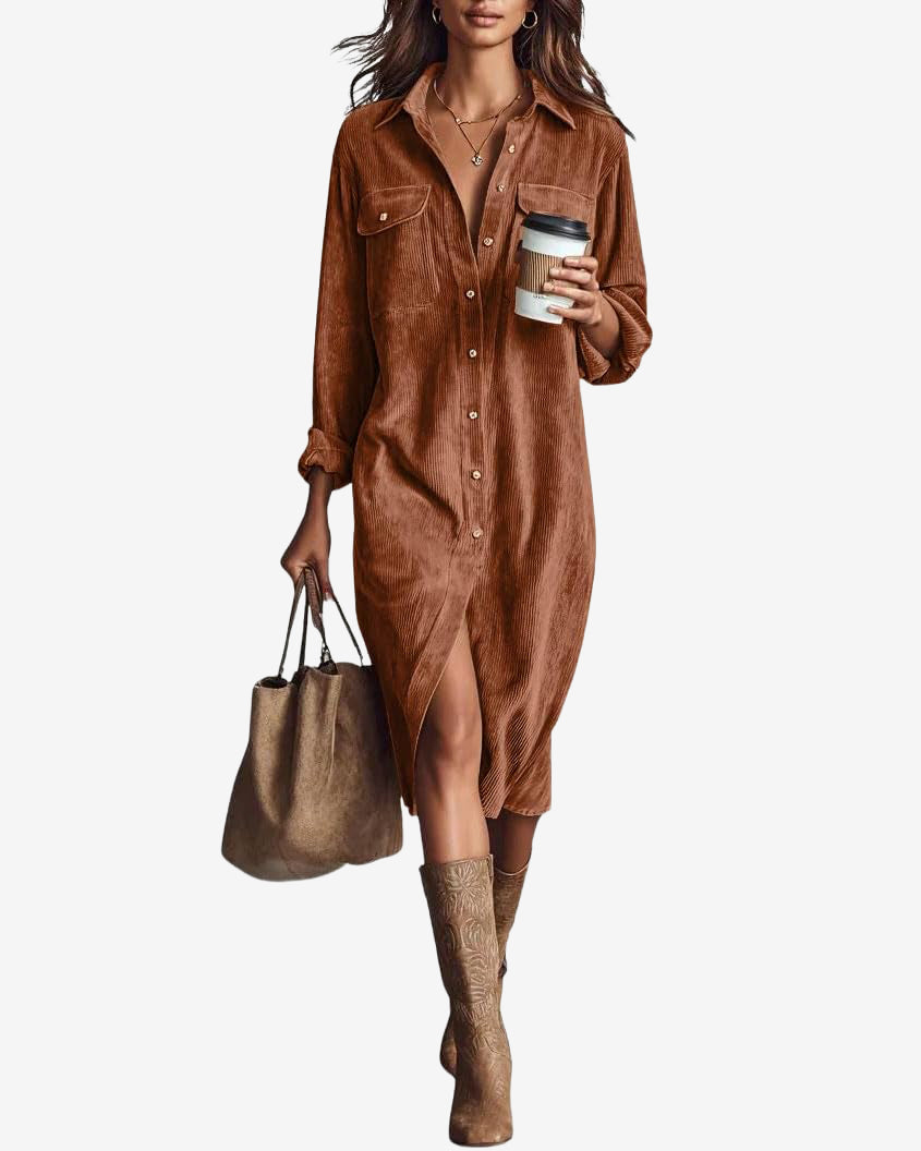 Chouyatou Women's Fall Corduroy Button Down Shirt Dress Casual Lapel a Line Pleated Tunic Shift Midi Long Dress