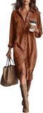 Chouyatou Women's Fall Corduroy Button Down Shirt Dress Casual Lapel a Line Pleated Tunic Shift Midi Long Dress