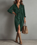 Chouyatou Women's Fall Corduroy Button Down Shirt Dress Casual Lapel a Line Pleated Tunic Shift Midi Long Dress