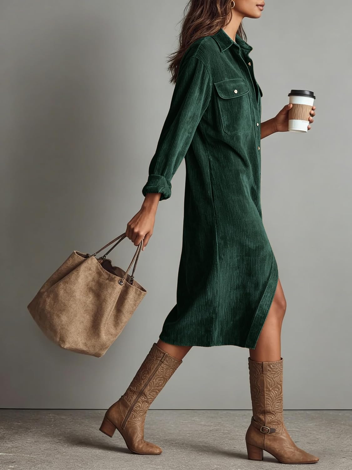 Chouyatou Women's Fall Corduroy Button Down Shirt Dress Casual Lapel a Line Pleated Tunic Shift Midi Long Dress