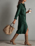 Chouyatou Women's Fall Corduroy Button Down Shirt Dress Casual Lapel a Line Pleated Tunic Shift Midi Long Dress