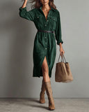 Chouyatou Women's Fall Corduroy Button Down Shirt Dress Casual Lapel a Line Pleated Tunic Shift Midi Long Dress