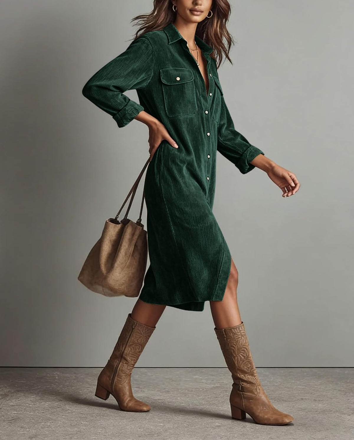 Chouyatou Women's Fall Corduroy Button Down Shirt Dress Casual Lapel a Line Pleated Tunic Shift Midi Long Dress