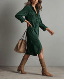 Chouyatou Women's Fall Corduroy Button Down Shirt Dress Casual Lapel a Line Pleated Tunic Shift Midi Long Dress