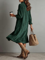 Chouyatou Women's Fall Corduroy Button Down Shirt Dress Casual Lapel a Line Pleated Tunic Shift Midi Long Dress