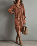 Chouyatou Women's Fall Corduroy Button Down Shirt Dress Casual Lapel a Line Pleated Tunic Shift Midi Long Dress