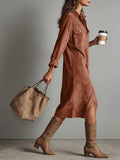 Chouyatou Women's Fall Corduroy Button Down Shirt Dress Casual Lapel a Line Pleated Tunic Shift Midi Long Dress