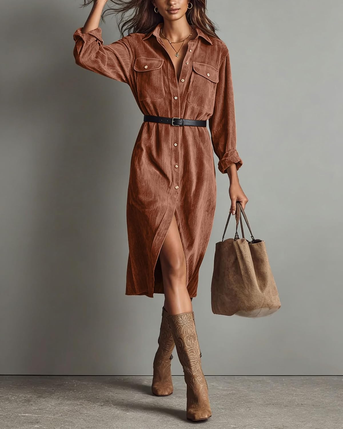Chouyatou Women's Fall Corduroy Button Down Shirt Dress Casual Lapel a Line Pleated Tunic Shift Midi Long Dress