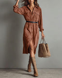 Chouyatou Women's Fall Corduroy Button Down Shirt Dress Casual Lapel a Line Pleated Tunic Shift Midi Long Dress