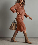 Chouyatou Women's Fall Corduroy Button Down Shirt Dress Casual Lapel a Line Pleated Tunic Shift Midi Long Dress