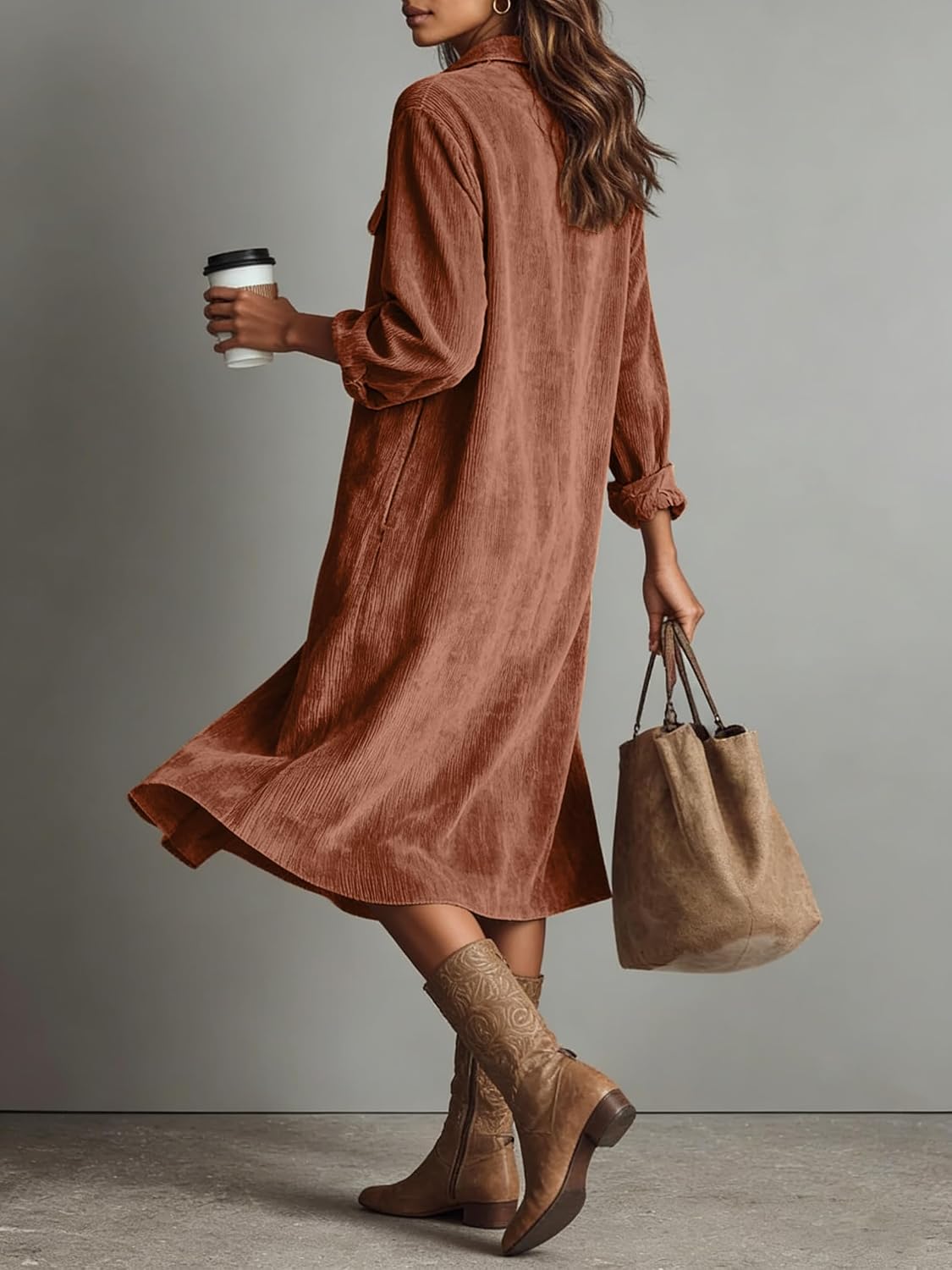 Chouyatou Women's Fall Corduroy Button Down Shirt Dress Casual Lapel a Line Pleated Tunic Shift Midi Long Dress