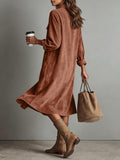 Chouyatou Women's Fall Corduroy Button Down Shirt Dress Casual Lapel a Line Pleated Tunic Shift Midi Long Dress