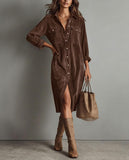 Chouyatou Women's Fall Corduroy Button Down Shirt Dress Casual Lapel a Line Pleated Tunic Shift Midi Long Dress