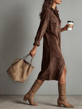Chouyatou Women's Fall Corduroy Button Down Shirt Dress Casual Lapel a Line Pleated Tunic Shift Midi Long Dress