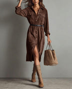 Chouyatou Women's Fall Corduroy Button Down Shirt Dress Casual Lapel a Line Pleated Tunic Shift Midi Long Dress