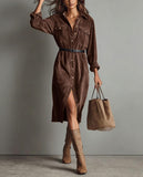 Chouyatou Women's Fall Corduroy Button Down Shirt Dress Casual Lapel a Line Pleated Tunic Shift Midi Long Dress